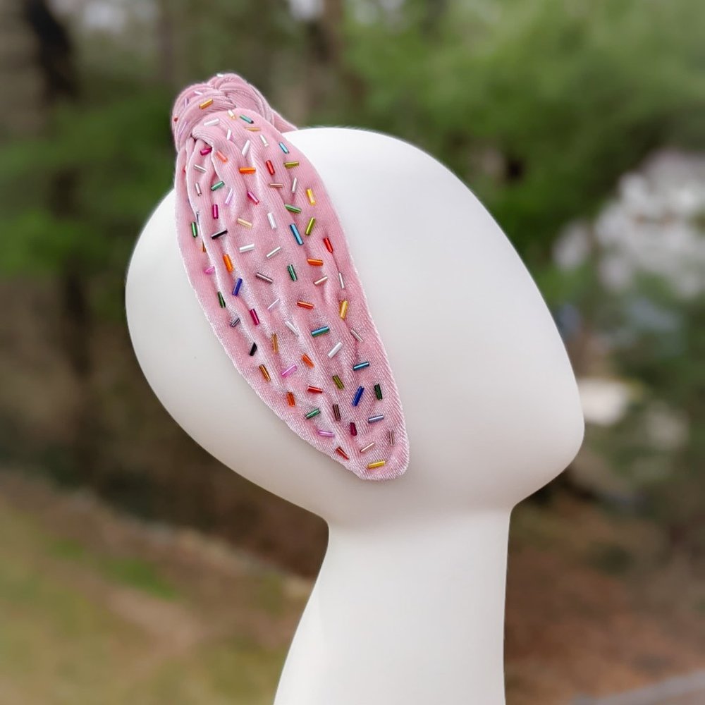 Pink Velvet Knot Headband with Sprinkles Rainbow Confetti Beading - Picture 8 of 11